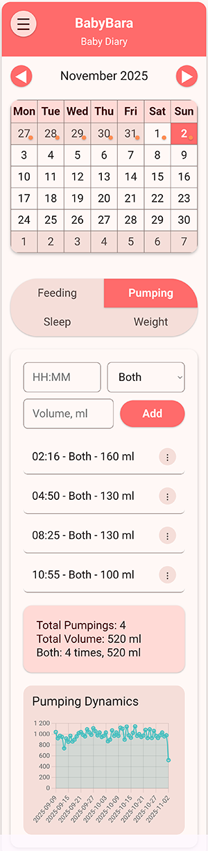 BabyBara - Main dashboard with pumping tracking